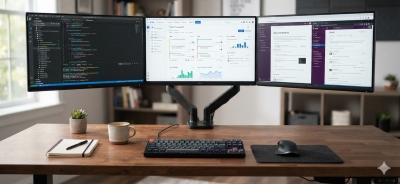office computer with 3 screens